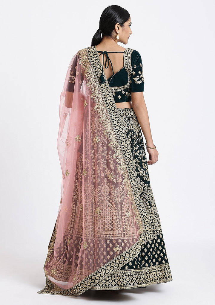 Bottle Green Zariwork Velvet Designer Lehenga-Koskii