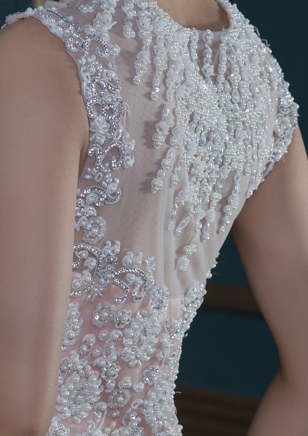 Peach Pink Stonework Net Designer Gown-Koskii