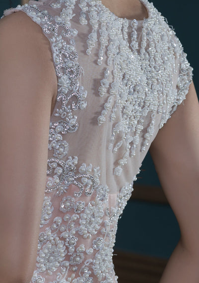 Peach Pink Stonework Net Designer Gown-Koskii