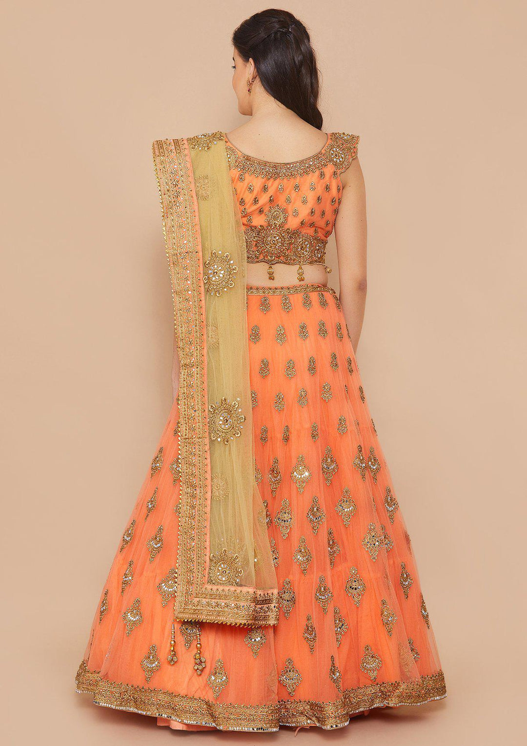 Koskii Zariwork Net PEACH Lehenga-Koskii