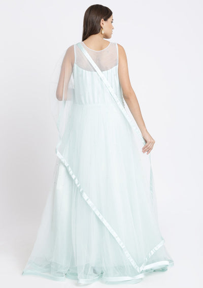 Sea Green Silver Stonework Net Designer Gown-Koskii