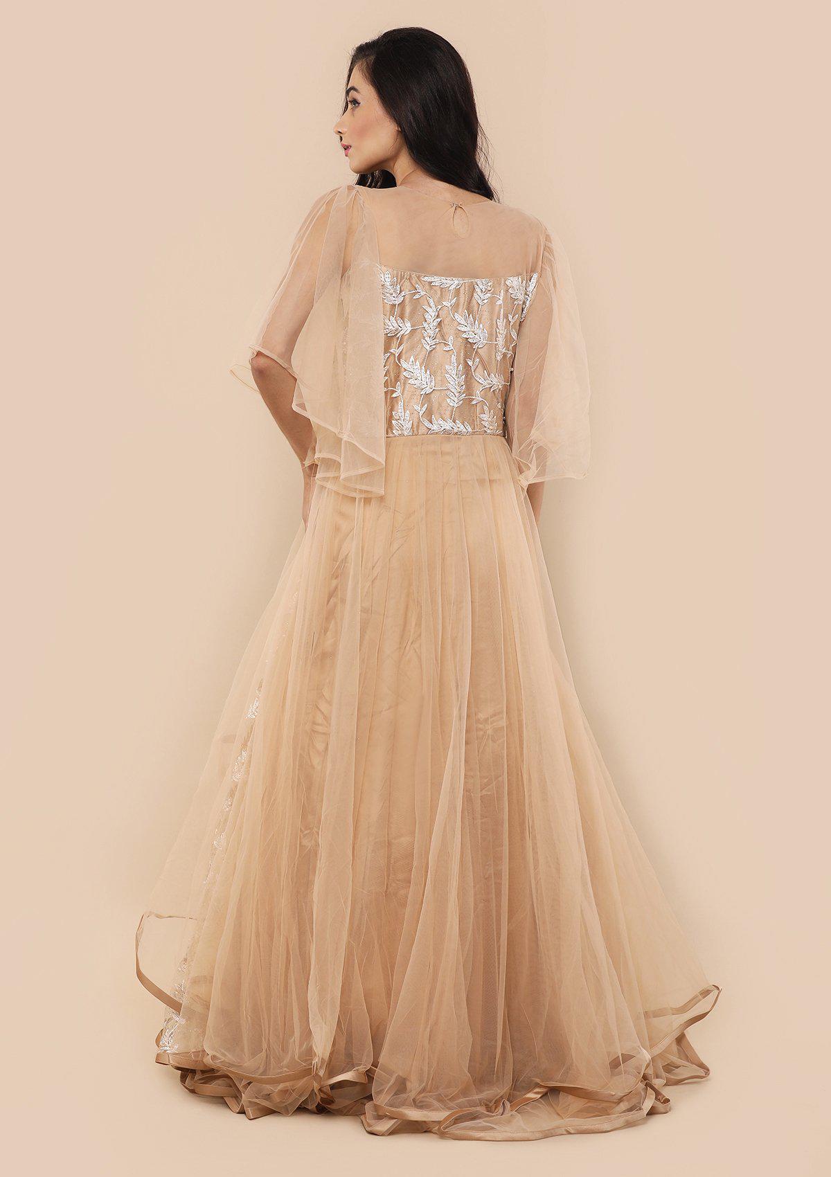 Beige Pearl Studded Satin Designer Gown-Koskii