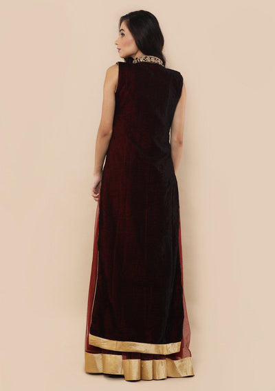 Maroon Stone Work Designer Overcoat Gown-Koskii