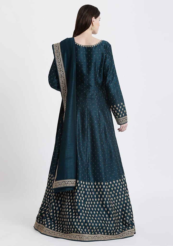 Peacock Blue Zariwork Rawsilk Designer Gown-Koskii
