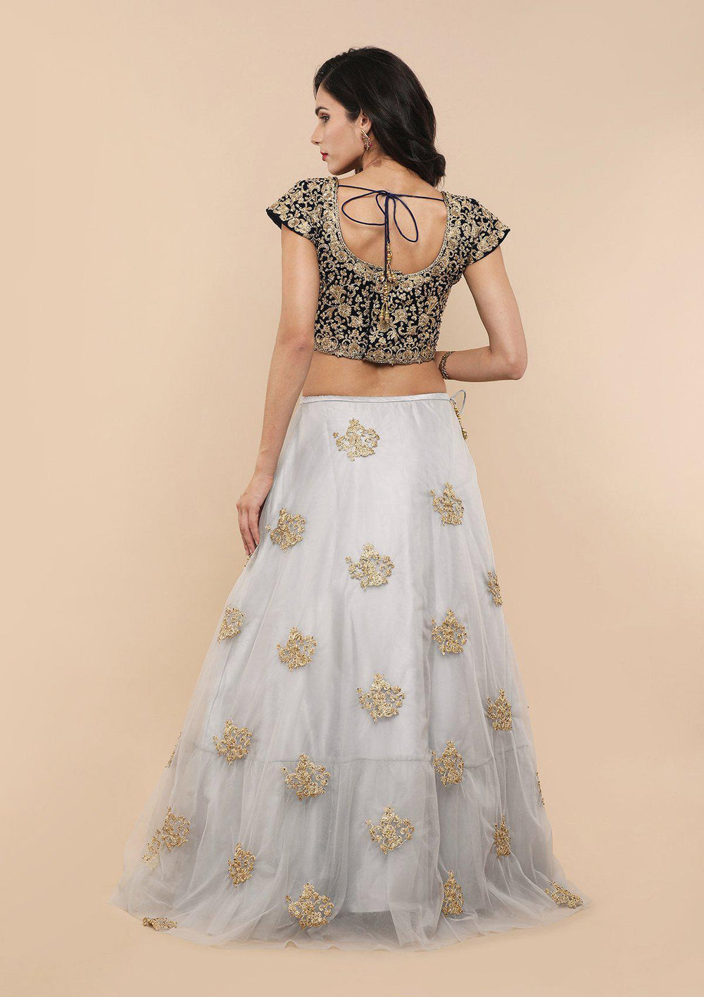Grey Thread Work Velvet Designer Lehenga-Koskii