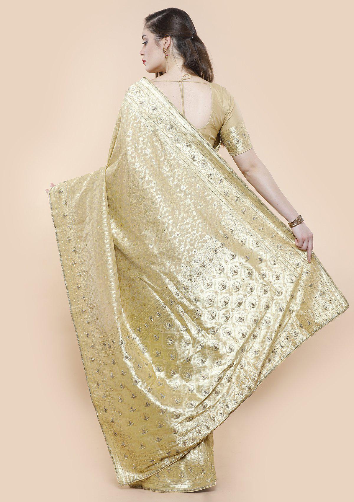 Gold Banarasi Silk Zardozi Designer Saree-Koskii