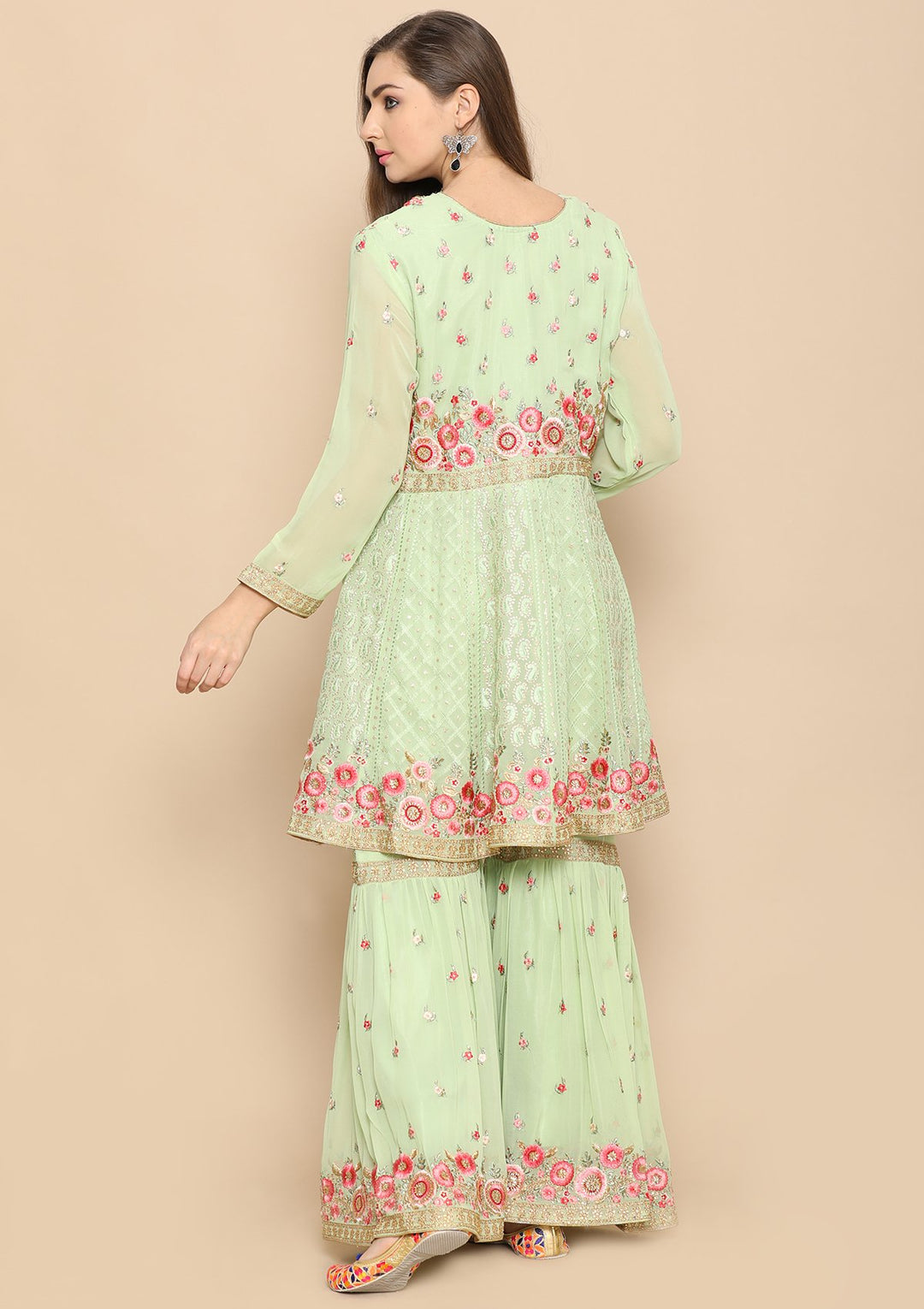 Light Green Thread Work Net Designer Sharara-Koskii