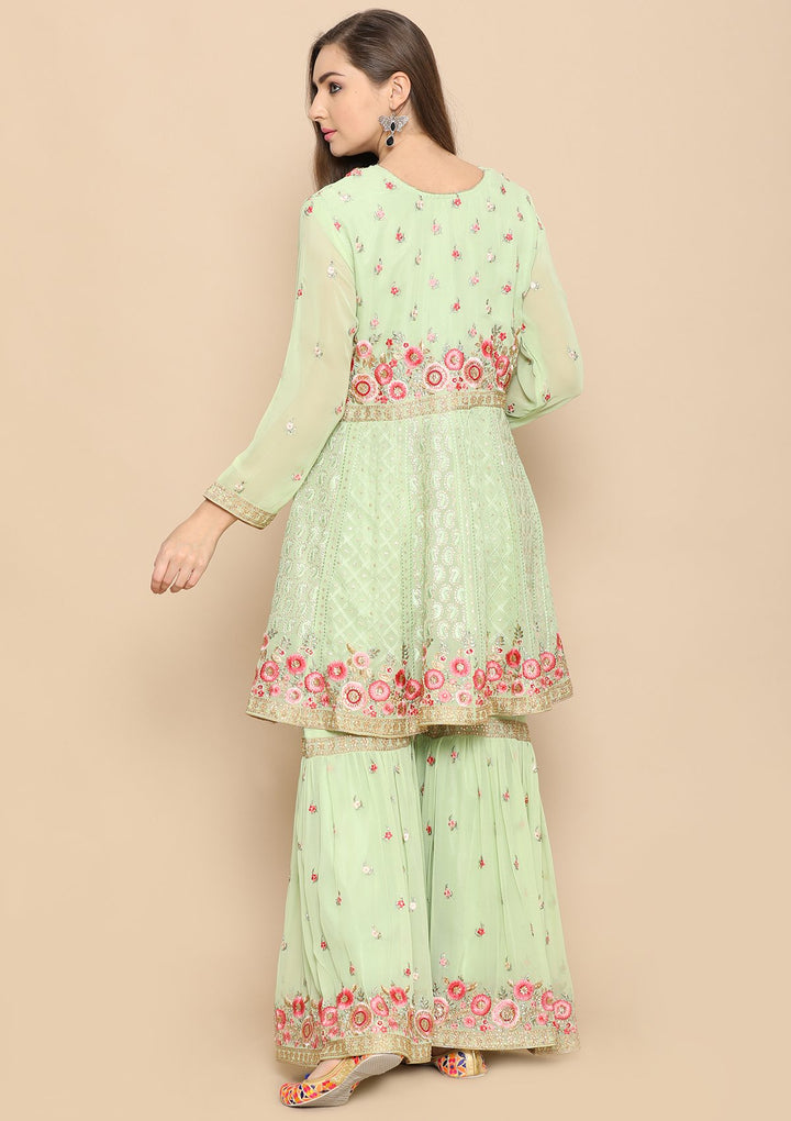 Light Green Thread Work Net Designer Sharara-Koskii