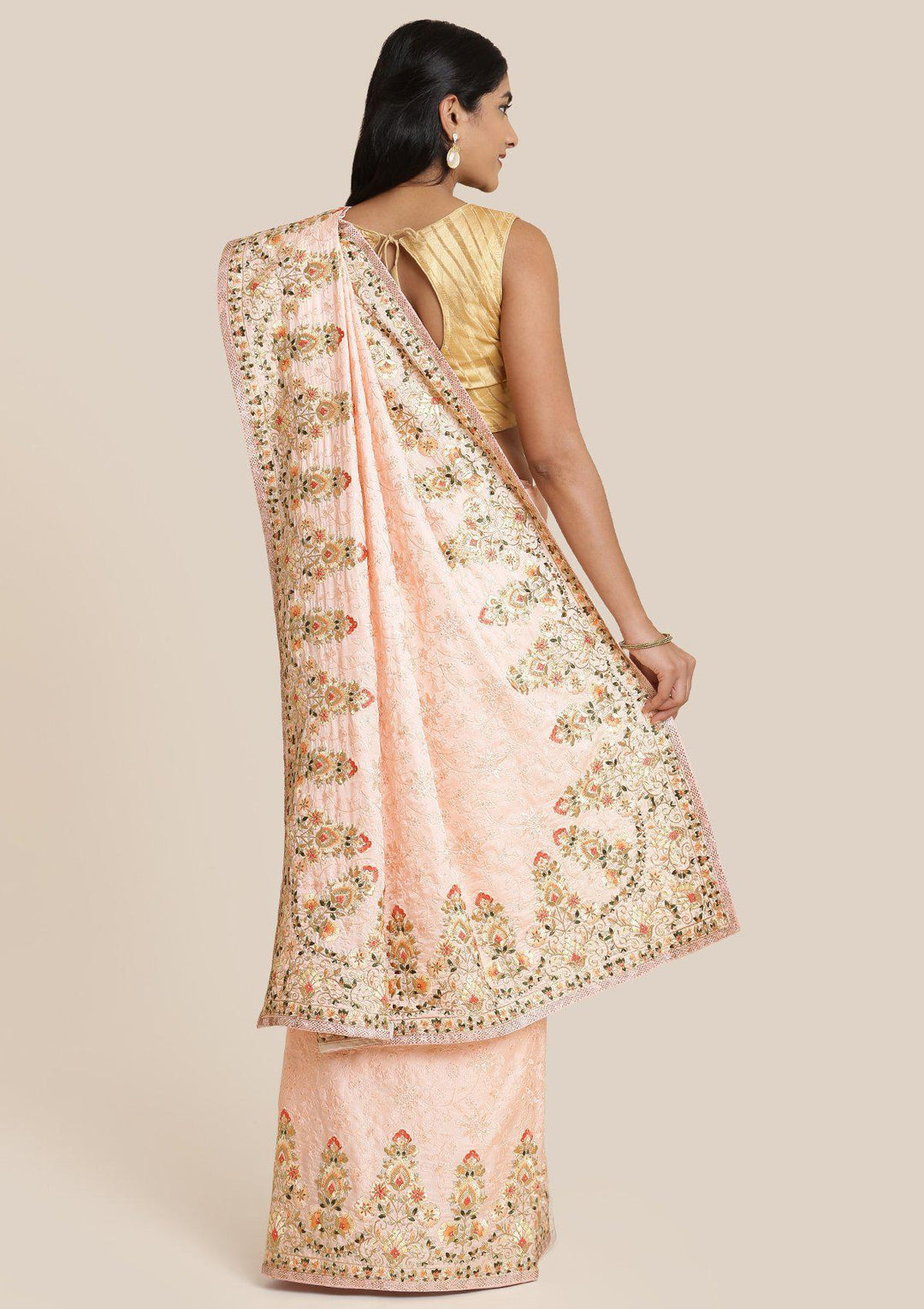 Baby Pink Threadwork Art Silk Designer Saree-Koskii