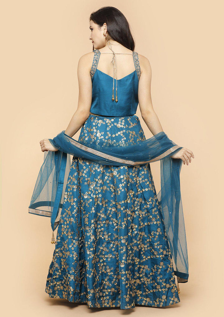 KOSKII PEACOCK GREEN SEQUINED LEHENGA-Koskii