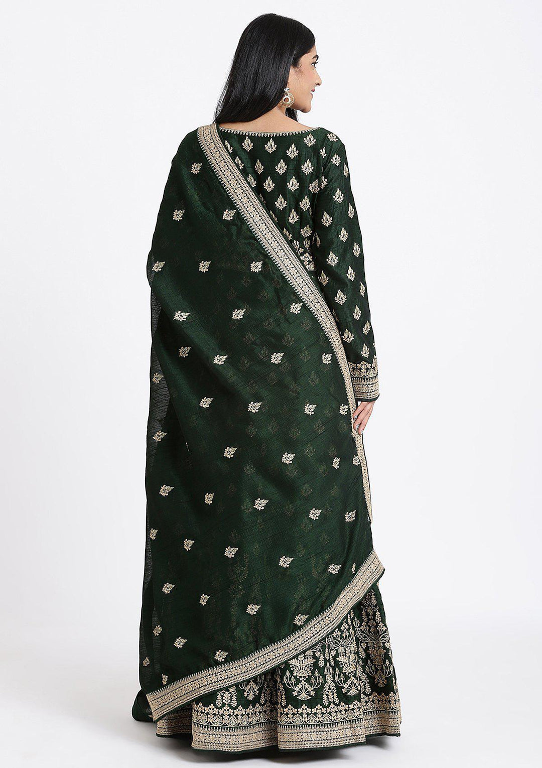 Bottle Green Zariwork Raw Silk Designer Gown-Koskii