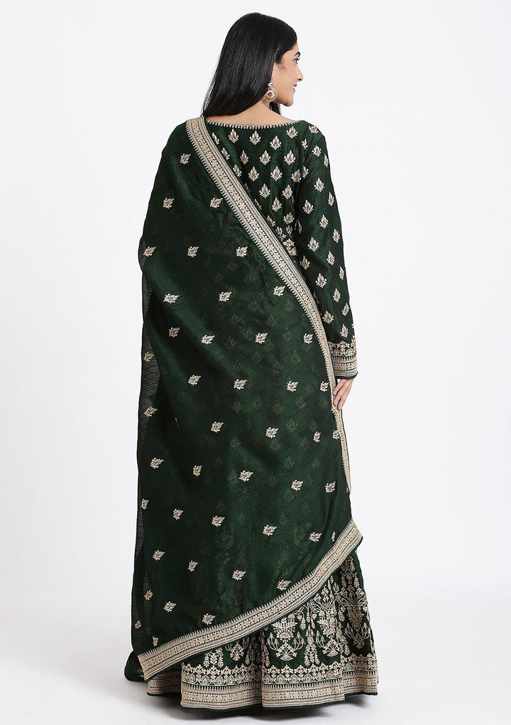 Bottle Green Zariwork Raw Silk Designer Gown-Koskii