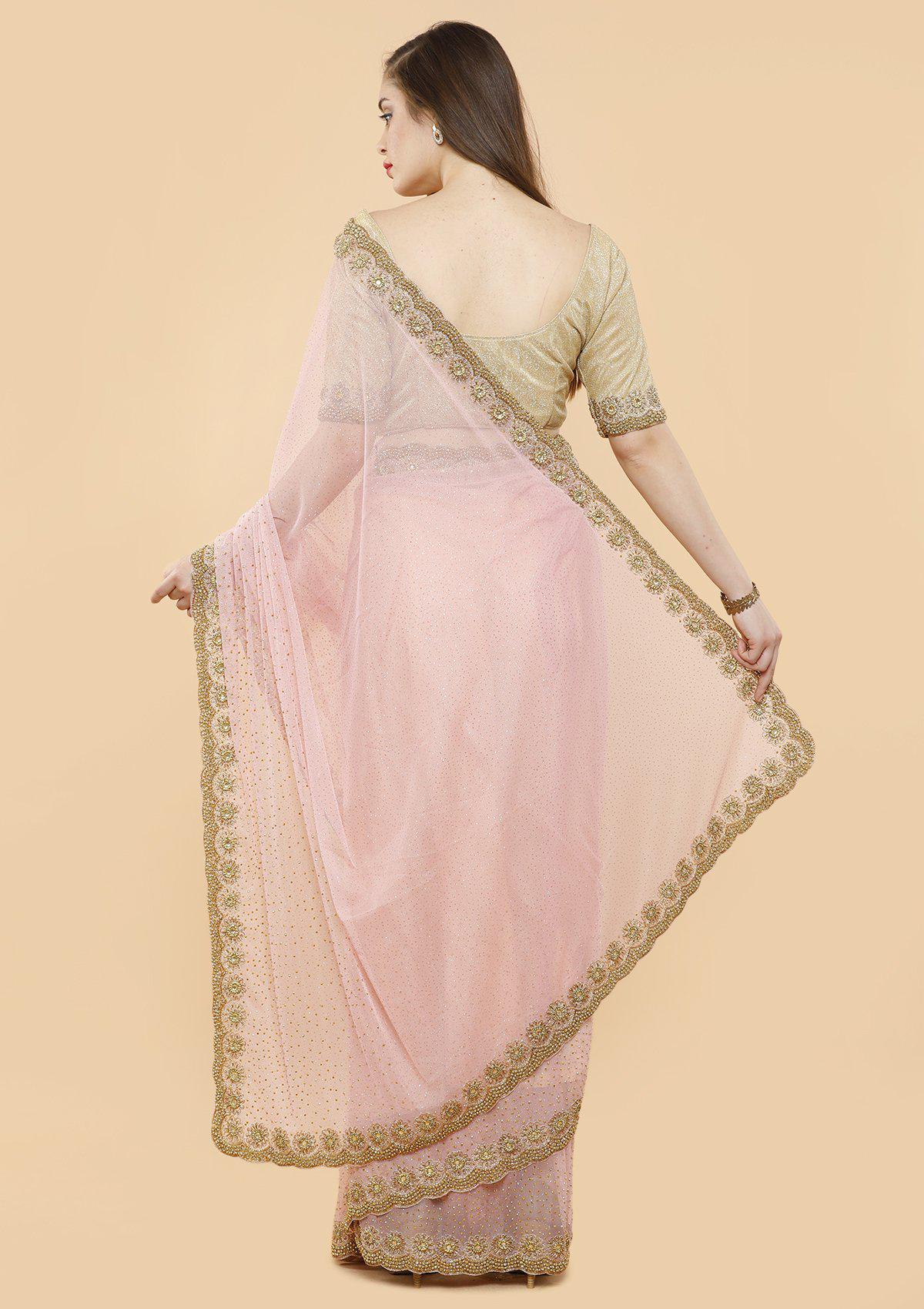 Baby Pink Stonework Net Designer Saree-Koskii