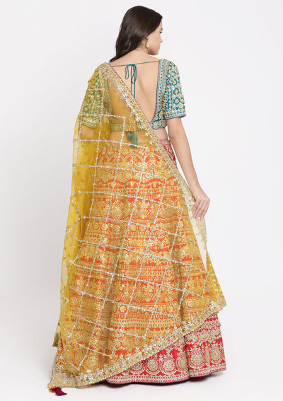 Red Gota Patti Raw Silk Designer Lehenga-Koskii