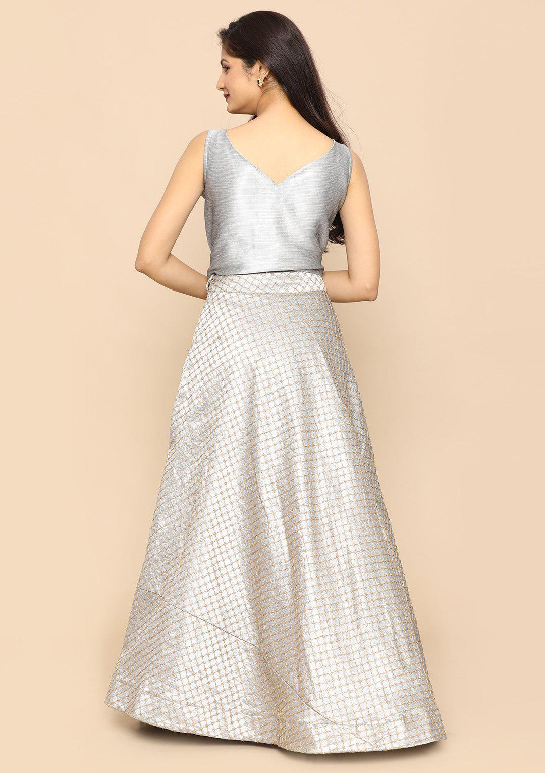 Grey Bead Work Silk Designer Lehenga-Koskii