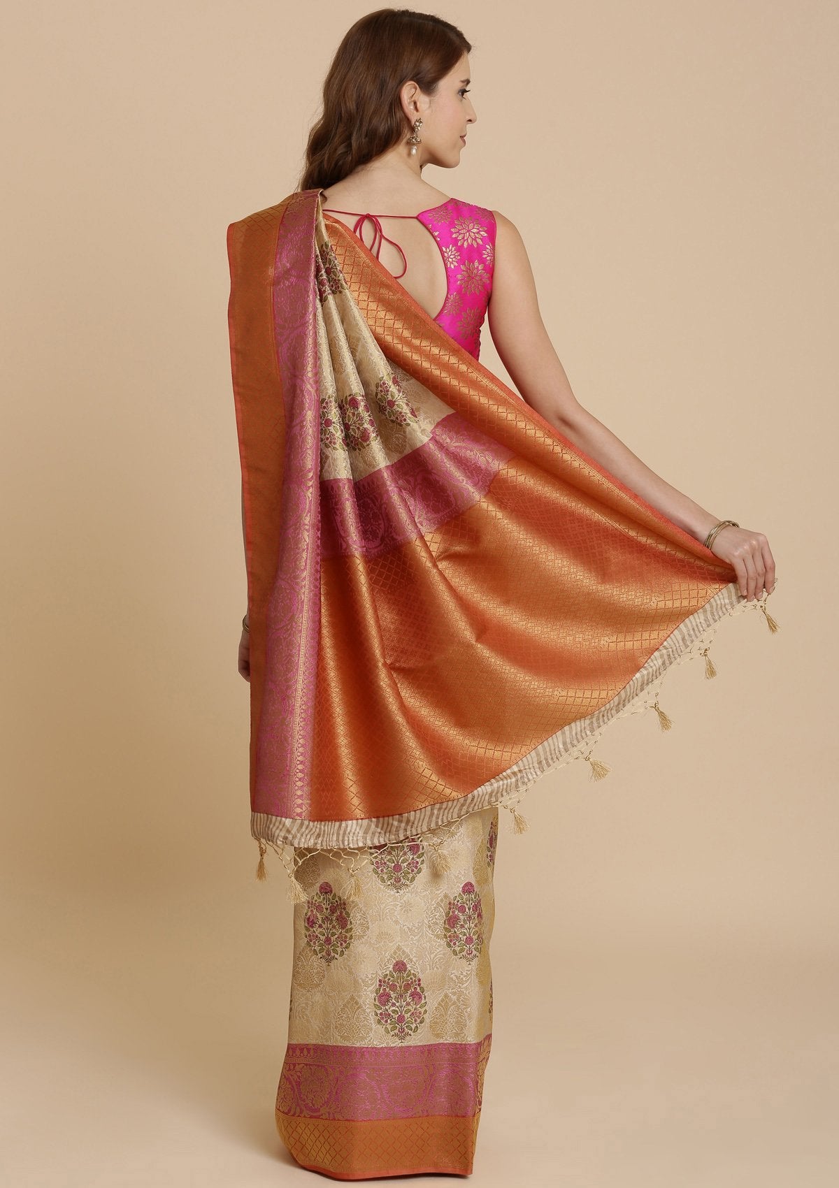 Orange and Cream Art Silk Designer Saree-Koskii