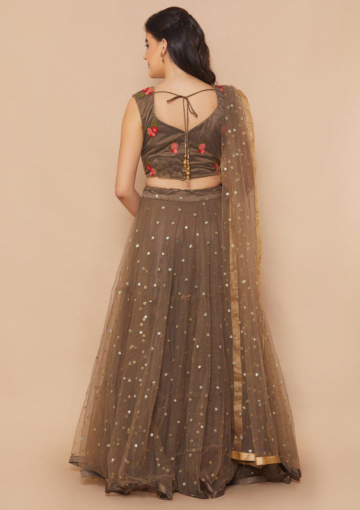 Koskii Zariwork Net BROWN Lehenga-Koskii