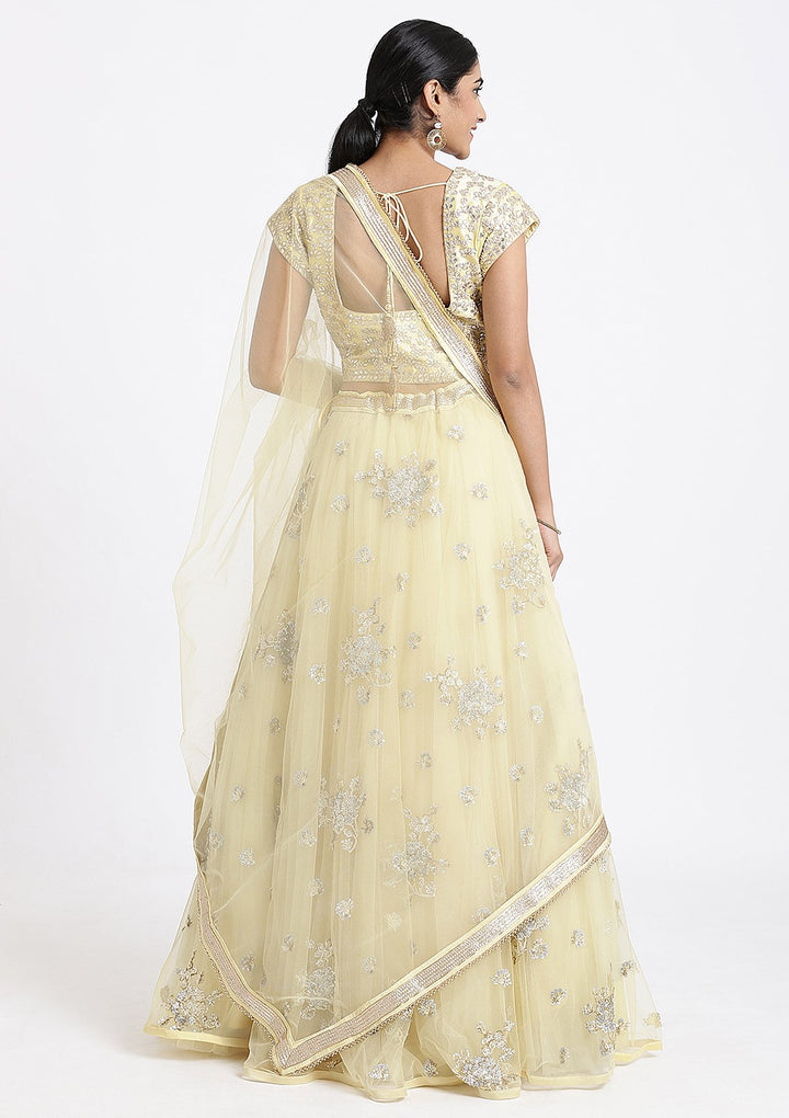 Lemon Yellow Gota Patti Net Designer Lehenga-Koskii