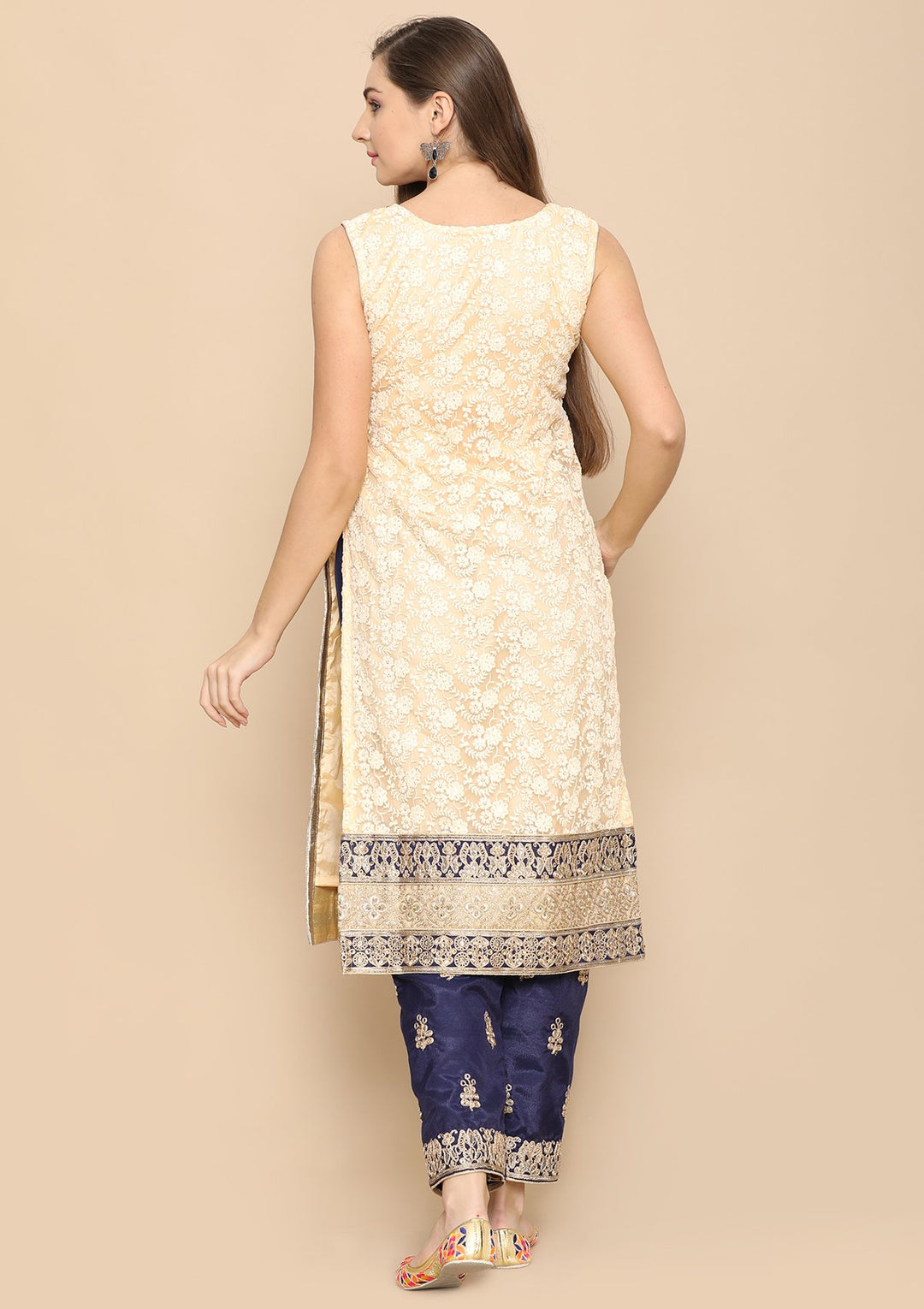 Beige and blue designer salwar suit-Koskii