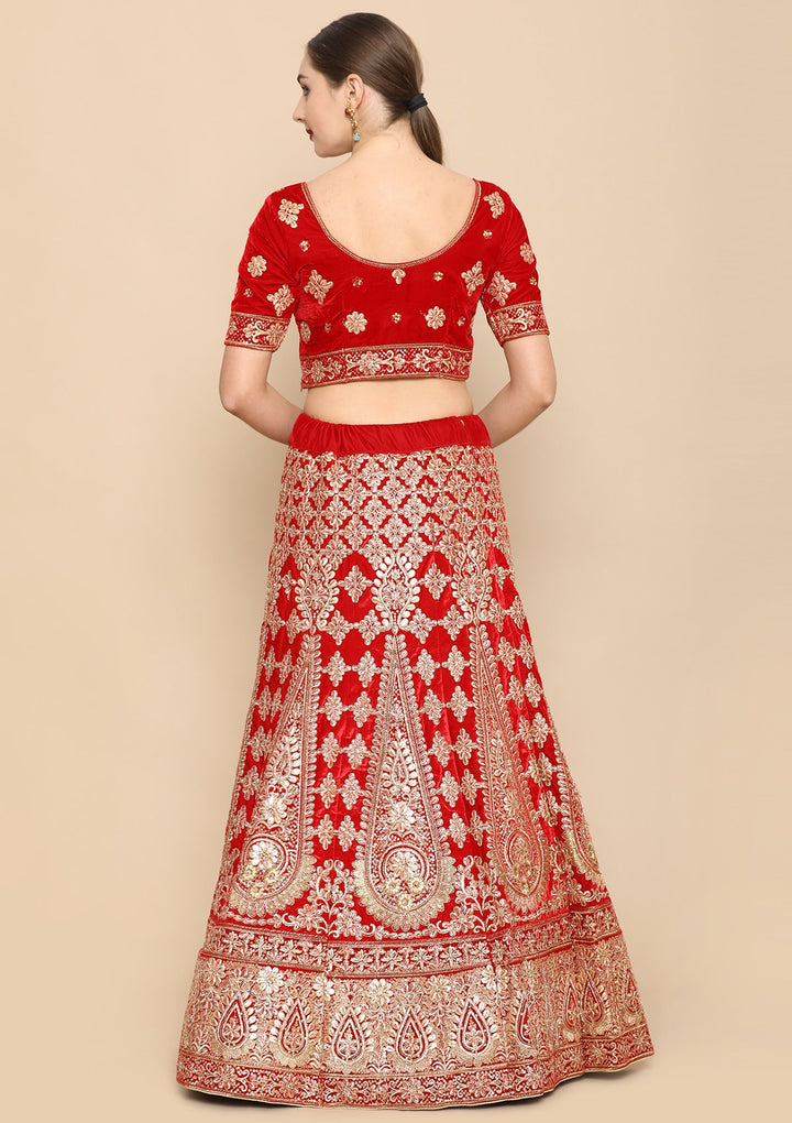 Red Gota Patti Work Velvet Designer Lehenga-Koskii