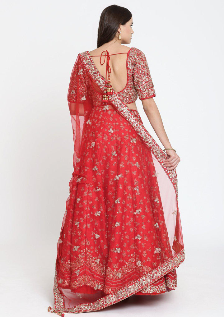 Red Sequinned Raw Silk Designer Lehenga-Koskii