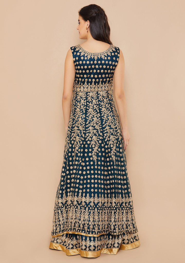 Teal Zariwork Net Designer Gown-Koskii