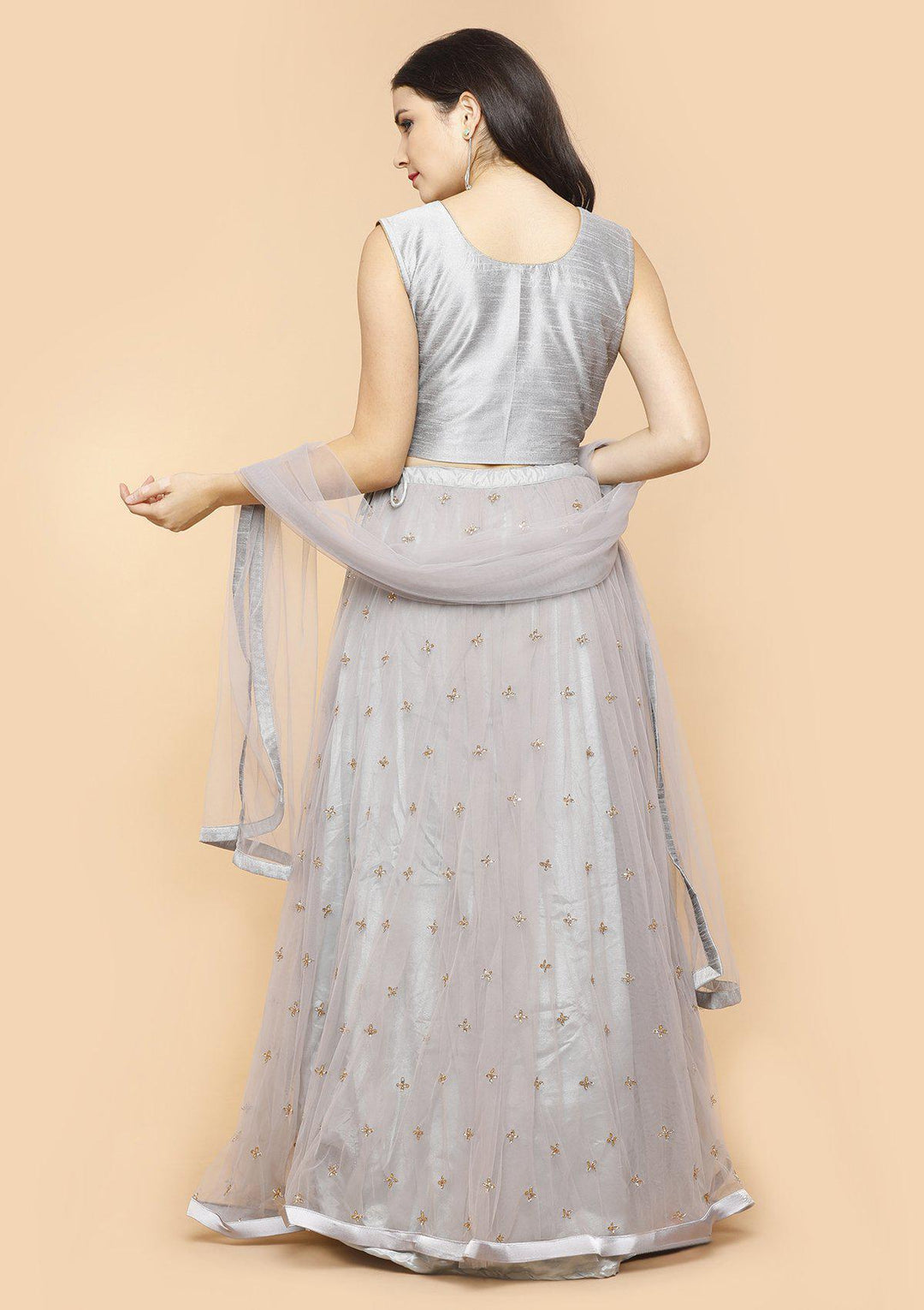 Steel Grey Stonework Silk Designer Lehenga-Koskii