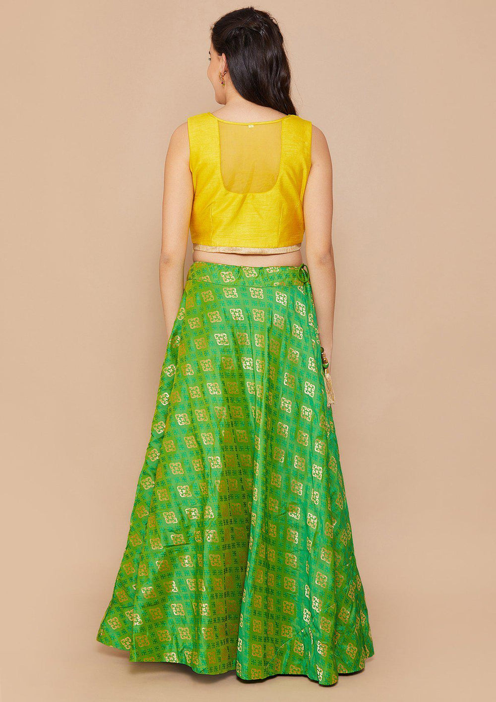 Koskii Stonework Rawsilk GREEN YELLOW Lehenga-Koskii