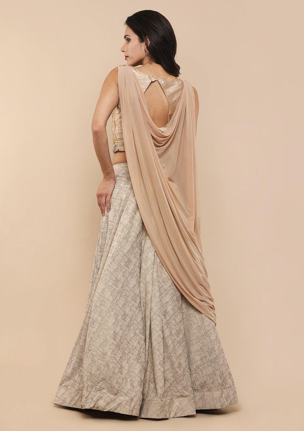 Gold Mirror Work Silk Drape Designer Lehenga-Koskii