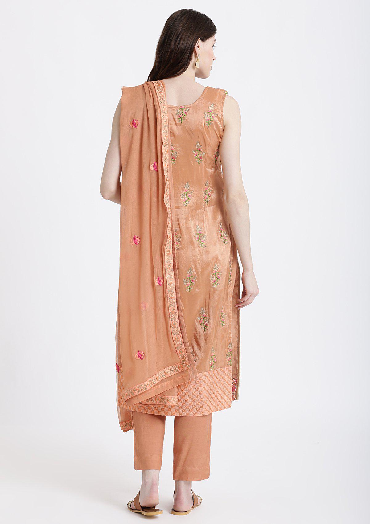 Peach Zariwork Tissue Designer Salwar Suit-Koskii