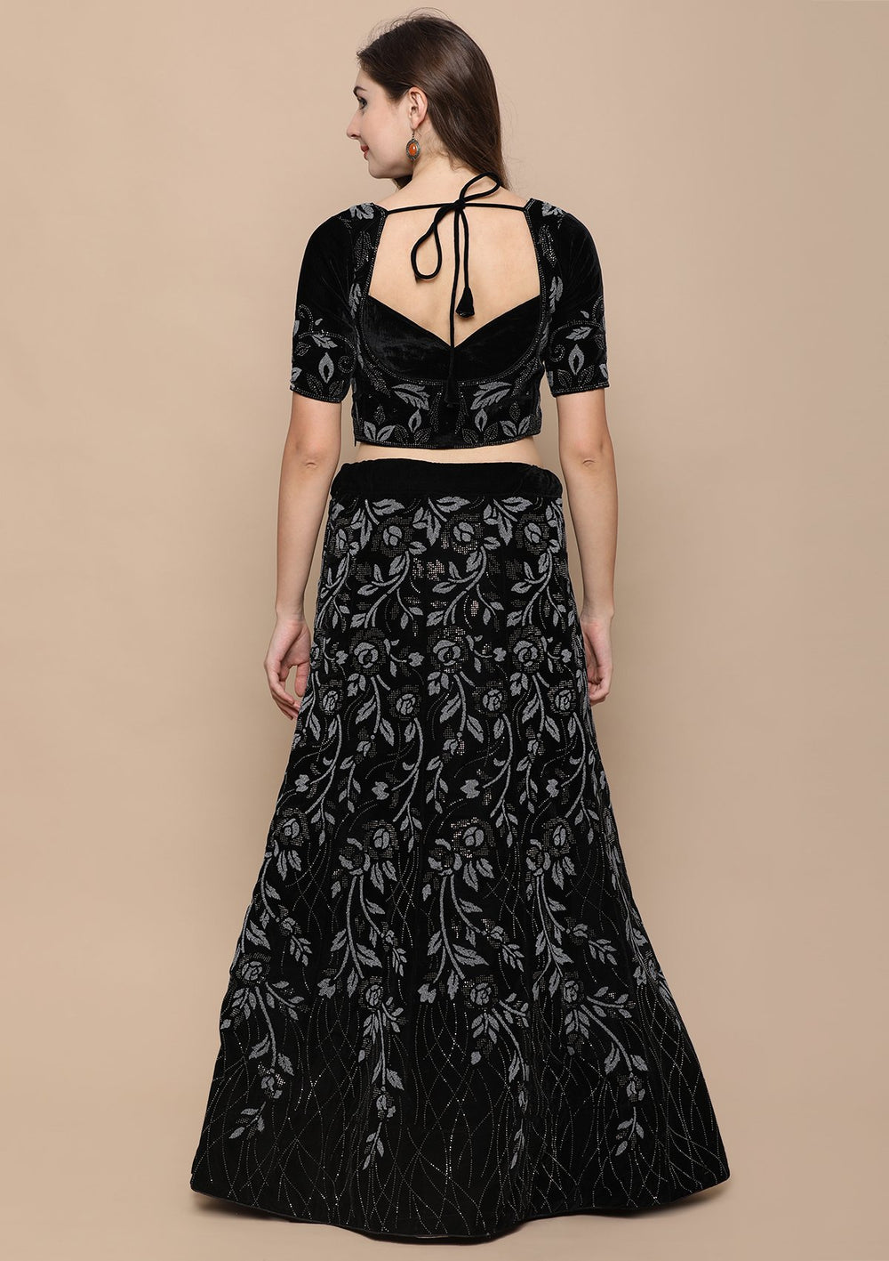 Black Stone Appliqued Velvet Designer Lehenga-Koskii
