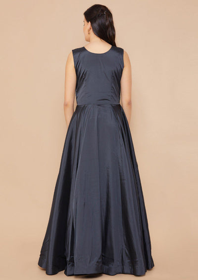 Grey Stonework Taffeta Silk Designer Gown-Koskii