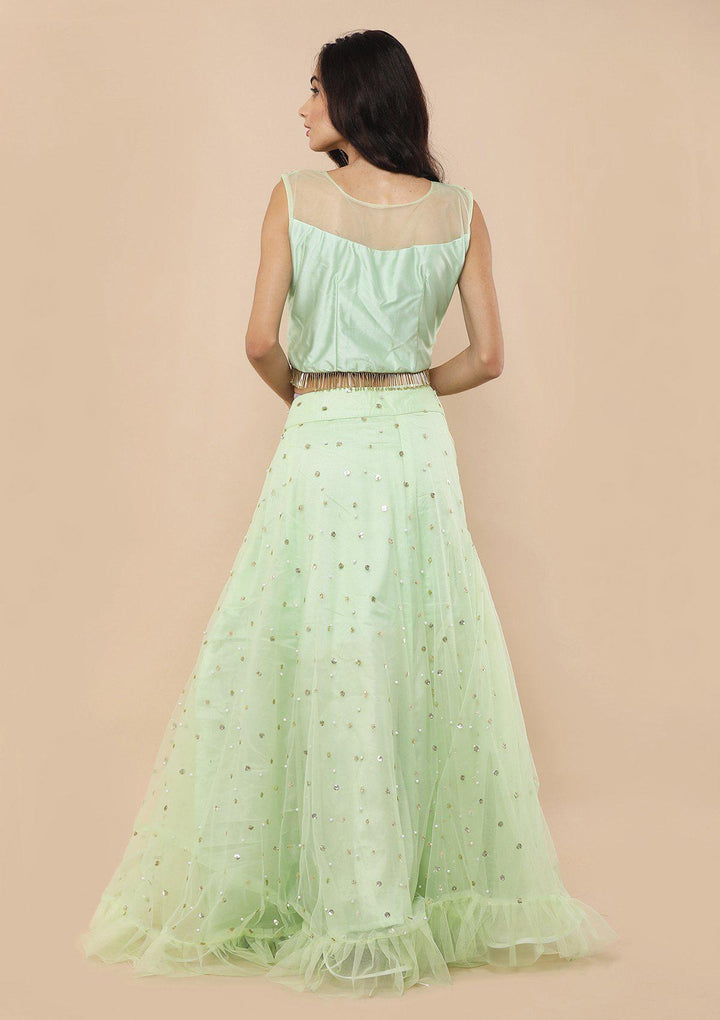 Pista Green Zardozi Work Silk Designer Lehenga-Koskii