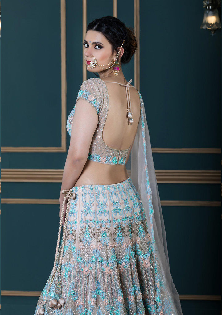 Beige Threadwork Net Designer Lehenga-Koskii