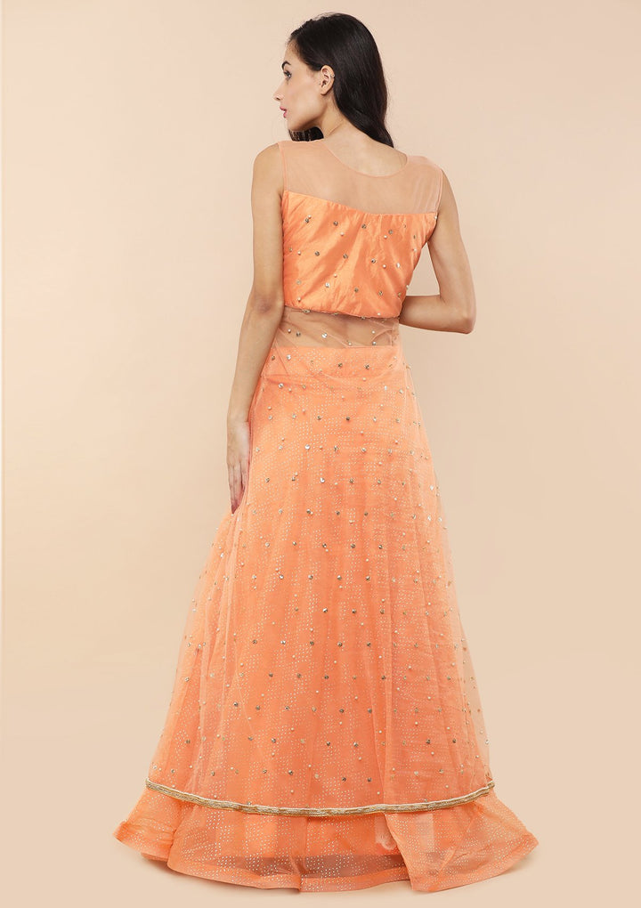 Dark Peach Stone Work Tissue Designer Lehenga-Koskii