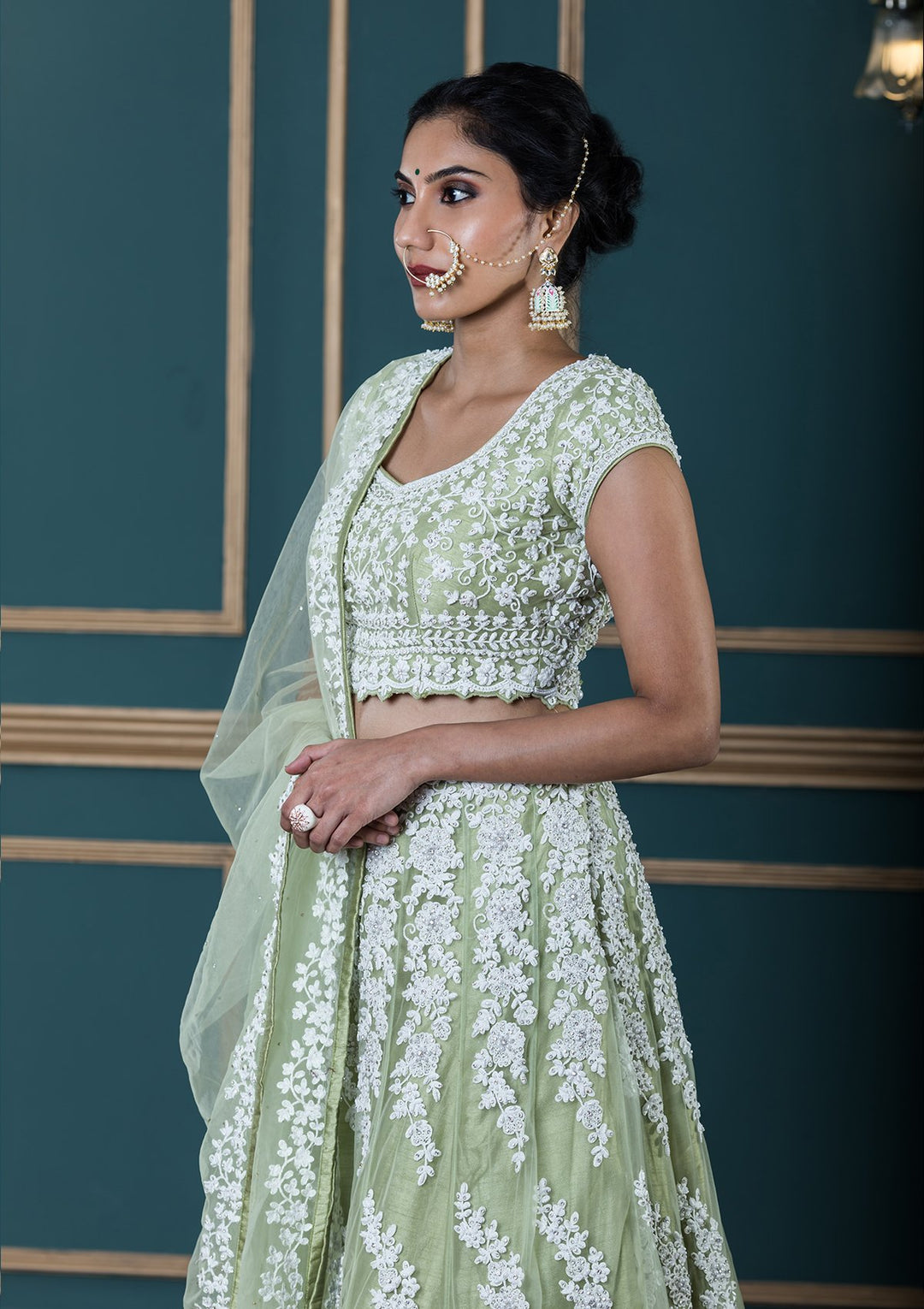 Green Stone Embellished Net Designer Lehenga-Koskii