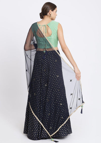 Navy Blue Zardozi Chanderi Designer Lehenga-Koskii