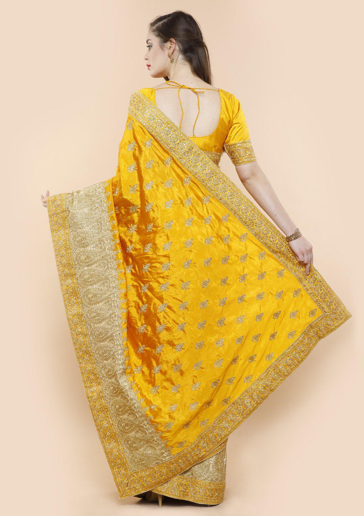 Sunset Yellow Embellished Silk Designer Saree-Koskii