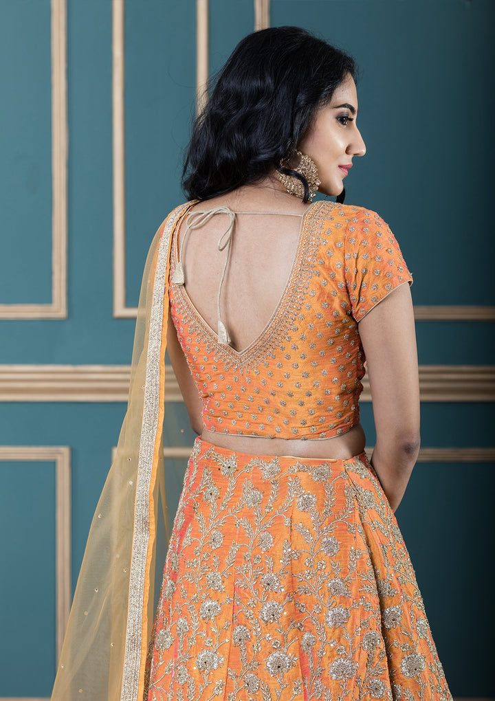 Mustard Yellow Stone Work Silk Designer Lehenga-Koskii