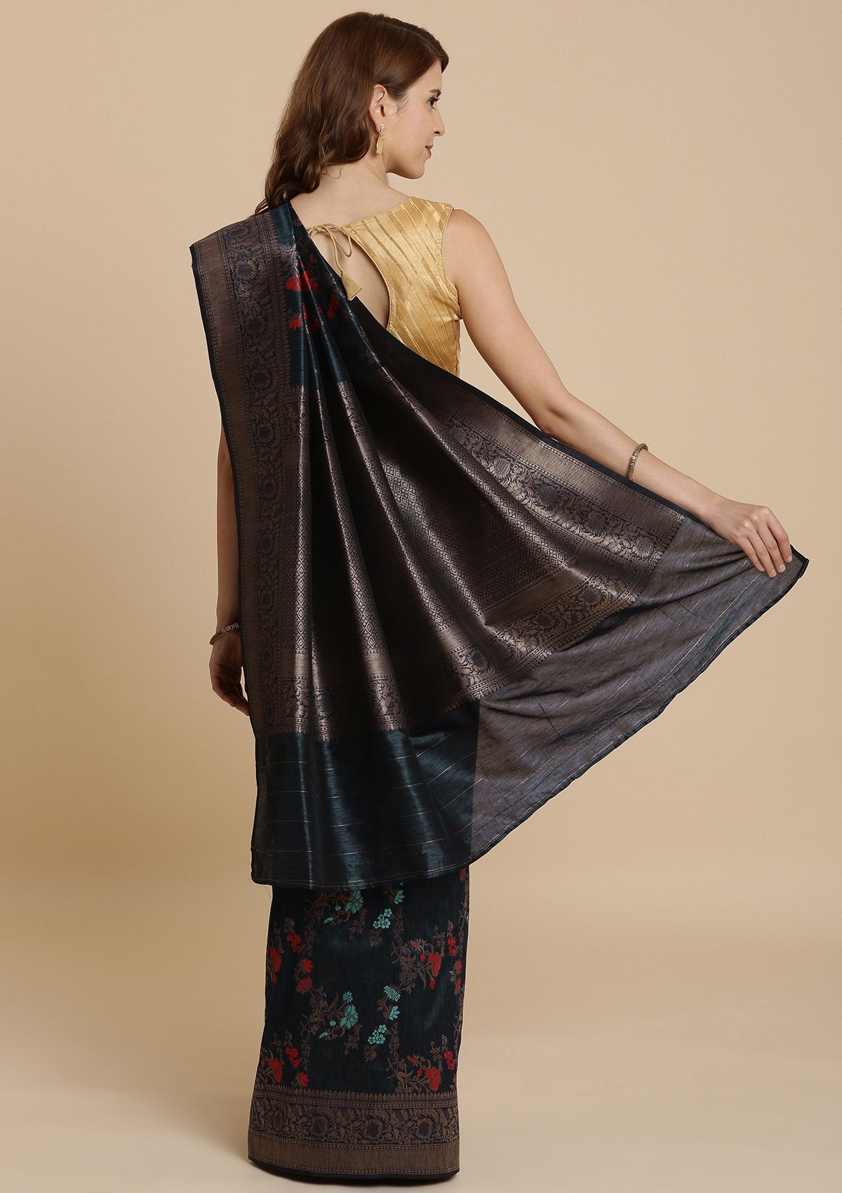 Navy Blue Zariwork Raw Silk Designer Saree-Koskii