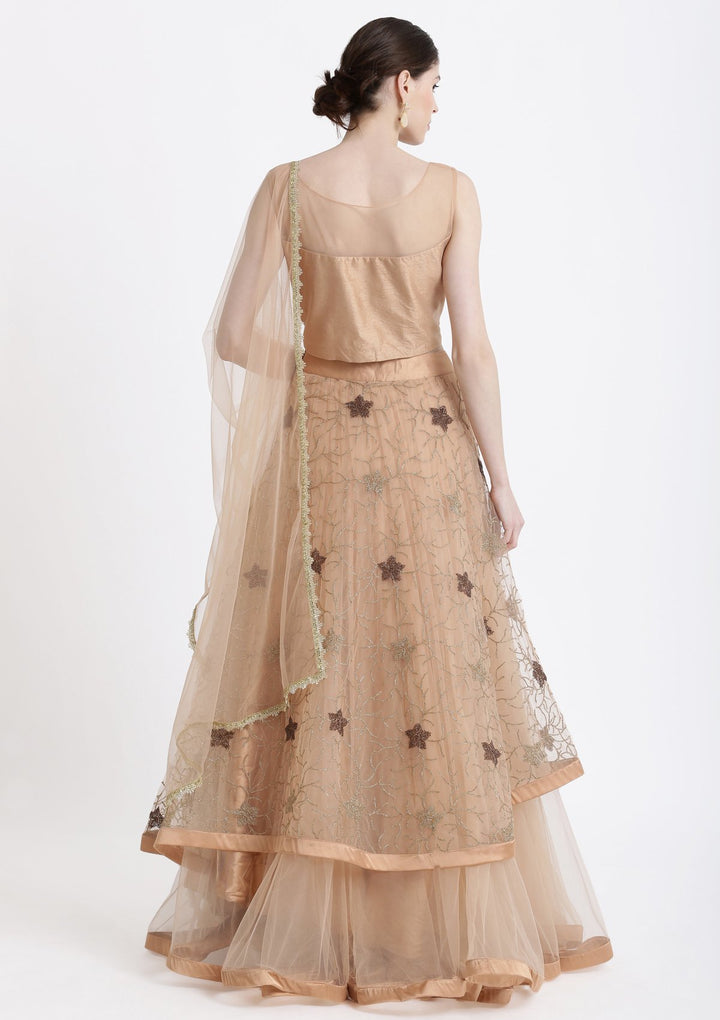 Peach Pearlwork Net Designer Lehenga-Koskii