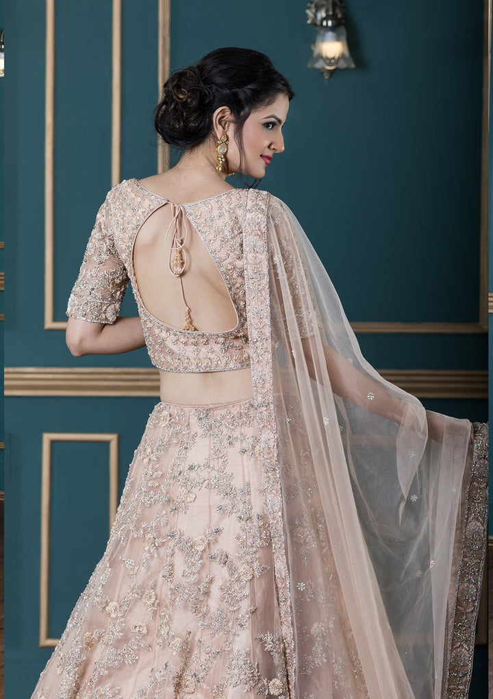 Peach Pink Embellished Net Designer Lehenga-Koskii