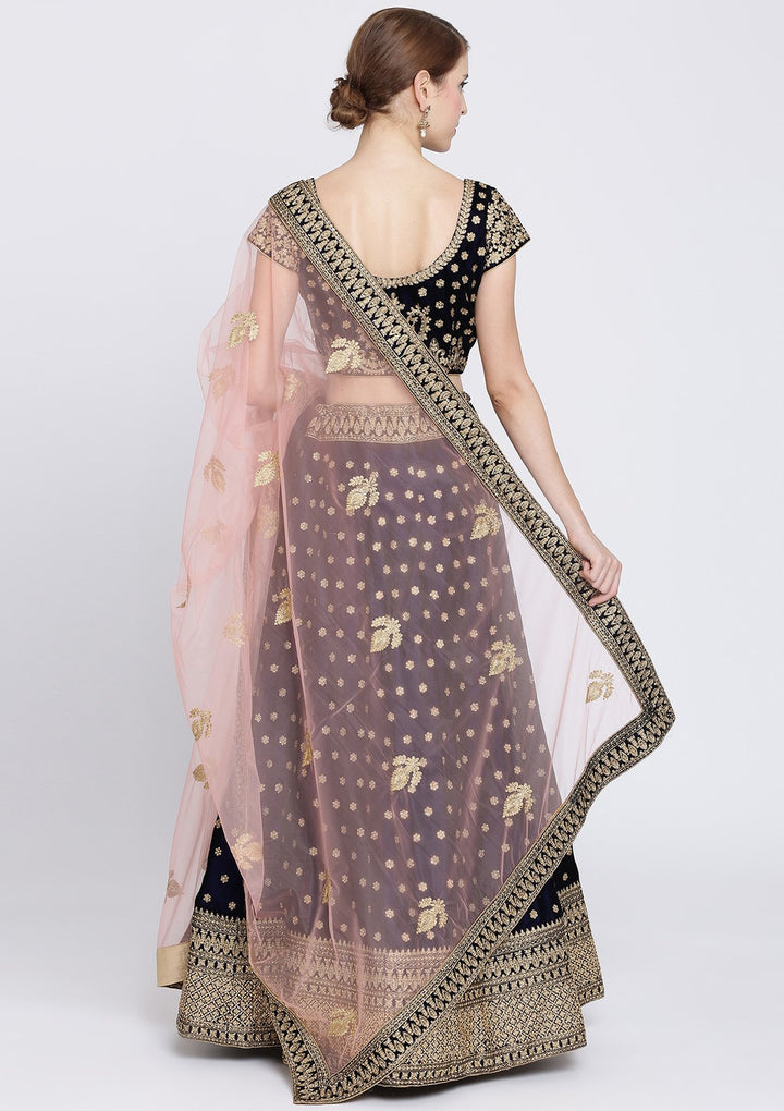 Navy Blue Zariwork Velvet Designer Lehenga-Koskii