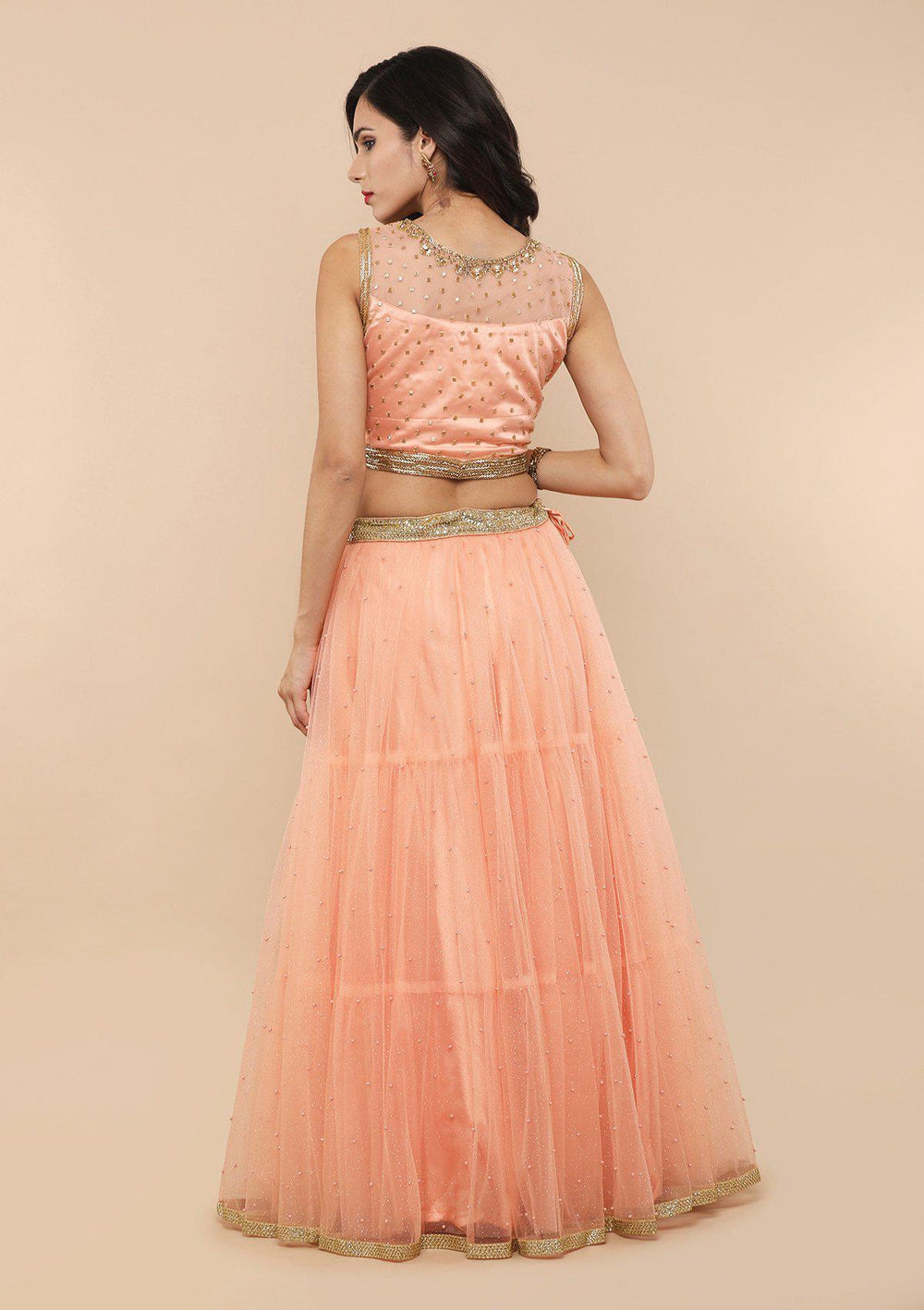 Peach Pearlwork Net Designer Lehenga-Koskii