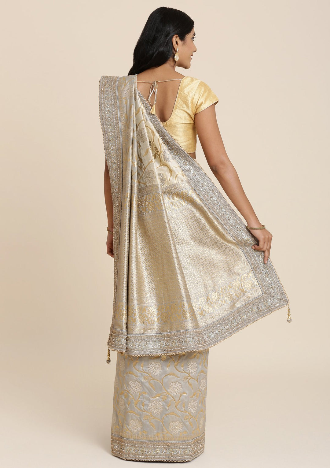 Light Grey Zariwork Brocade Designer Saree-Koskii