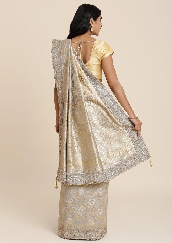 Light Grey Zariwork Brocade Designer Saree-Koskii