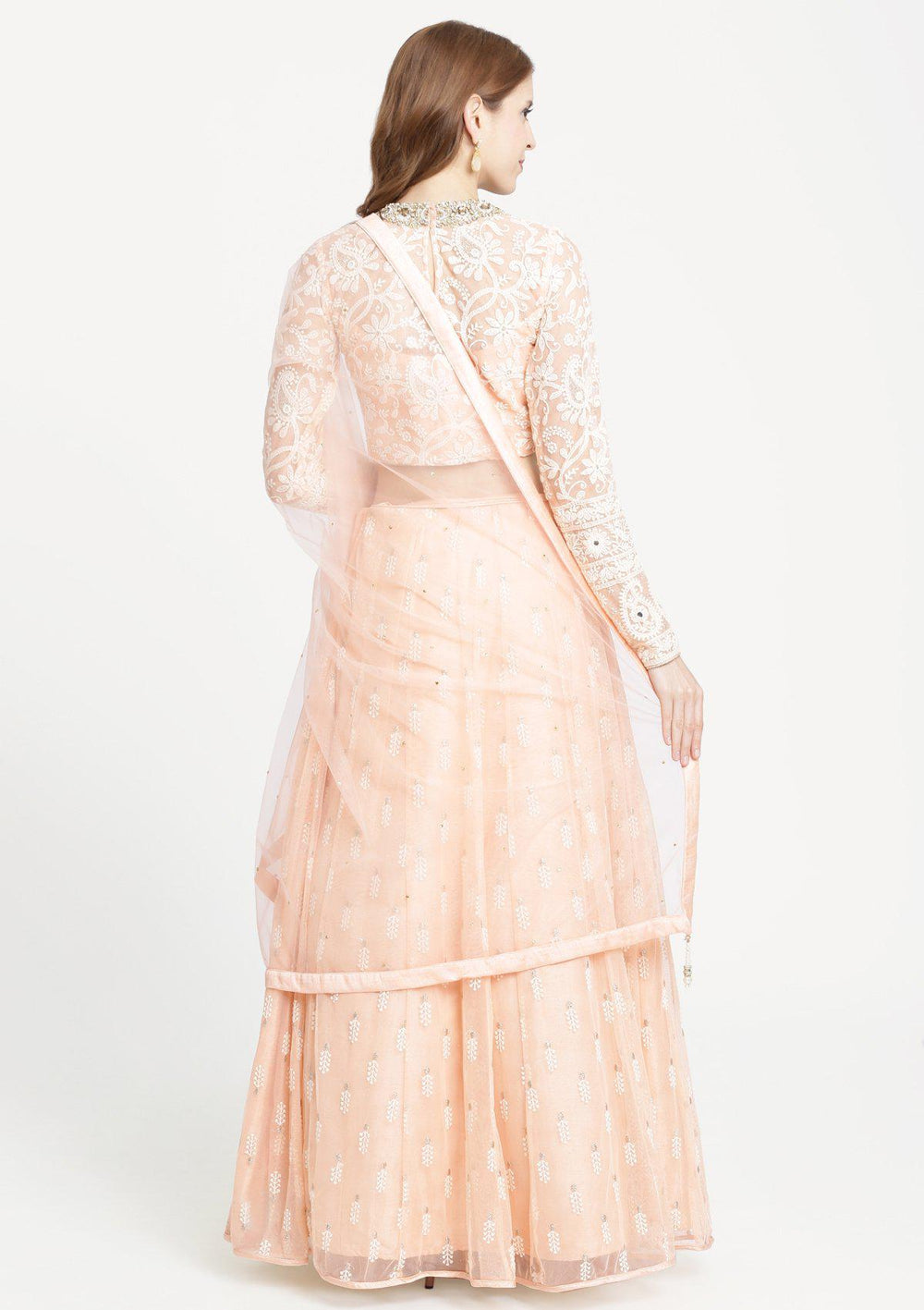 Peach Threadwork Net Designer Lehenga-Koskii
