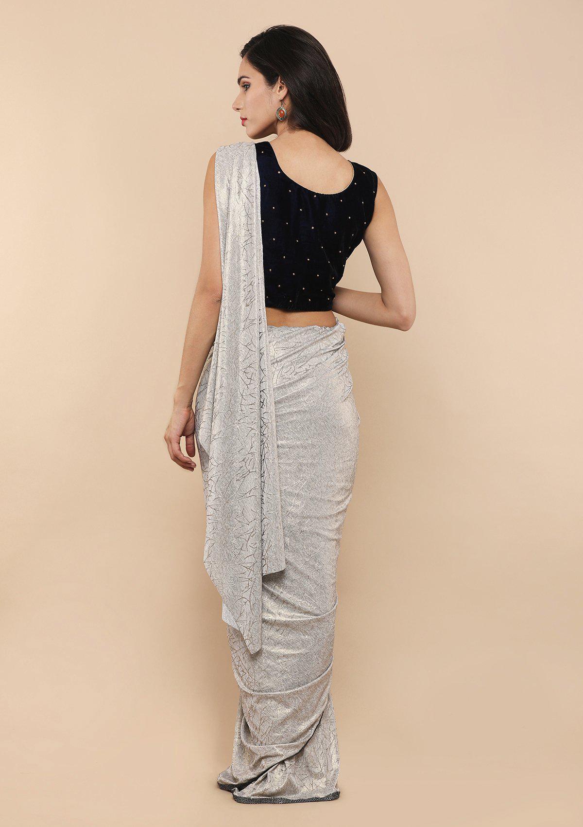 Blue and Grey Embellished Designer Saree-Koskii