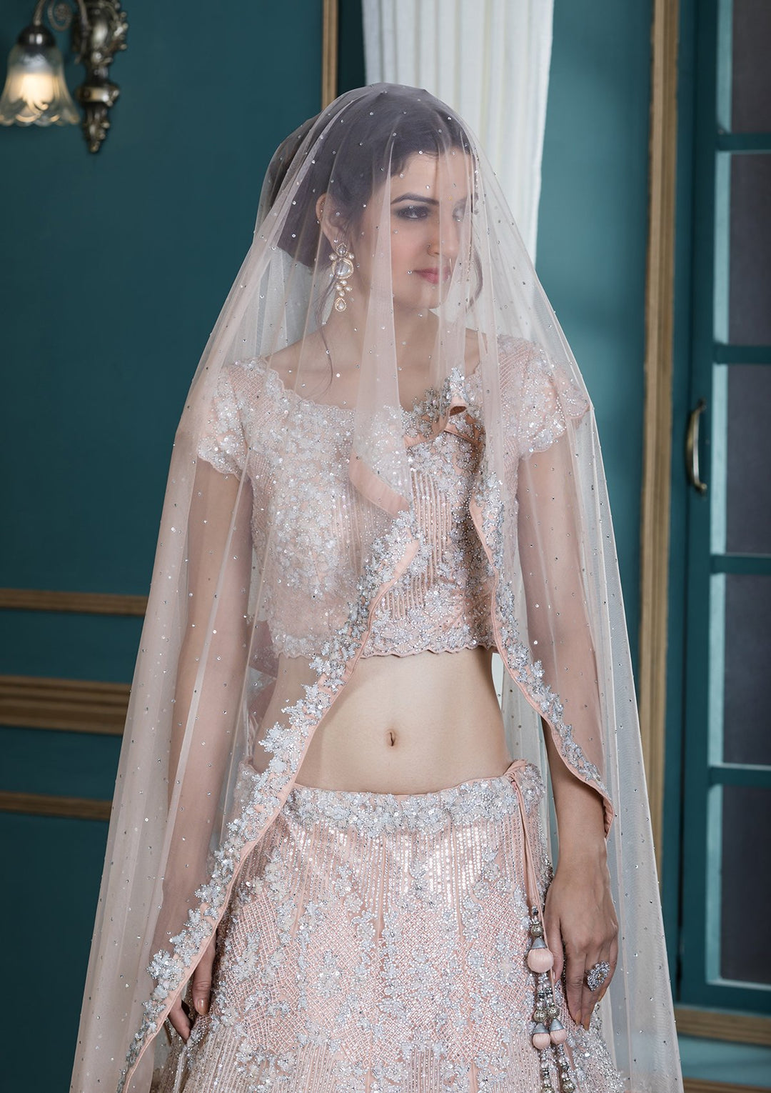 Peach Sequinned Net Designer Lehenga-Koskii
