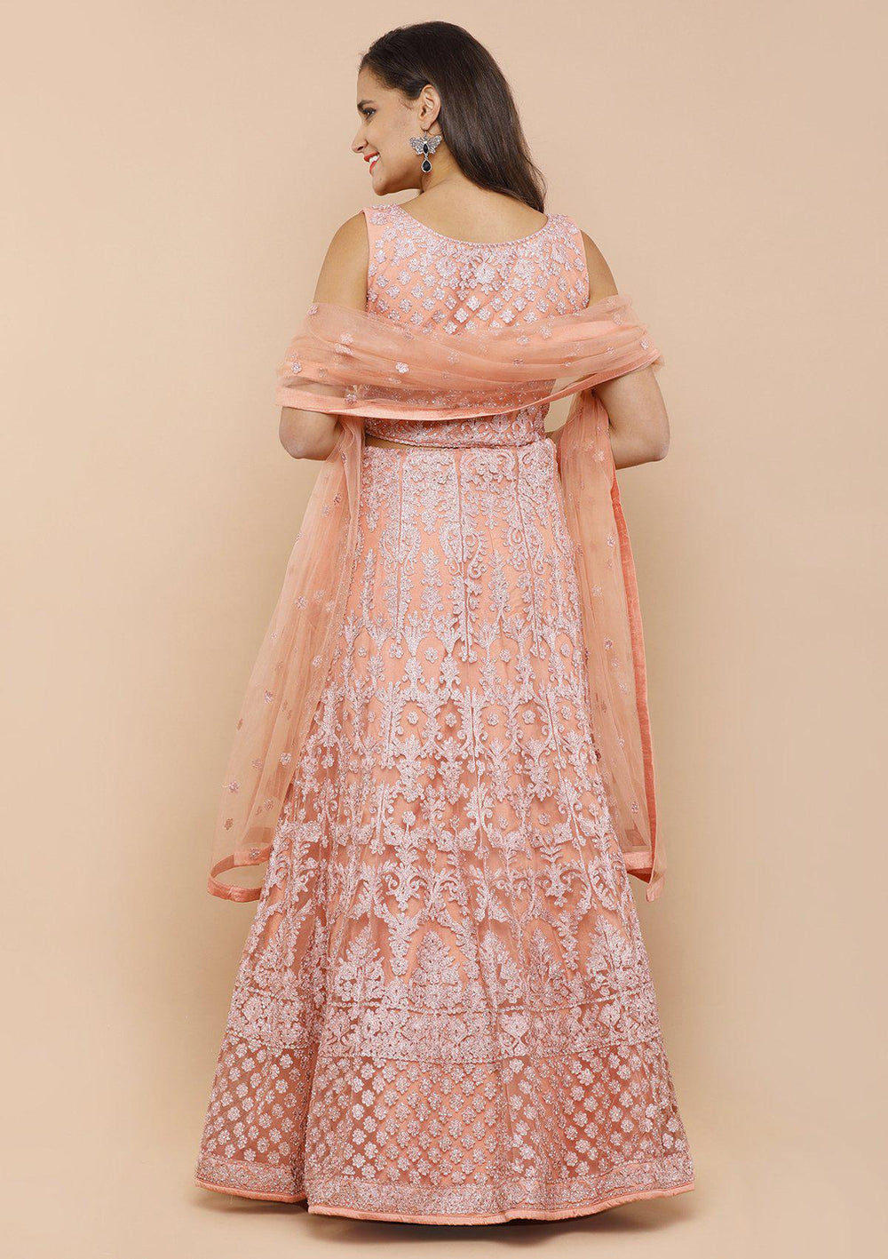 Peach Threadwork Net Designer Lehenga-Koskii